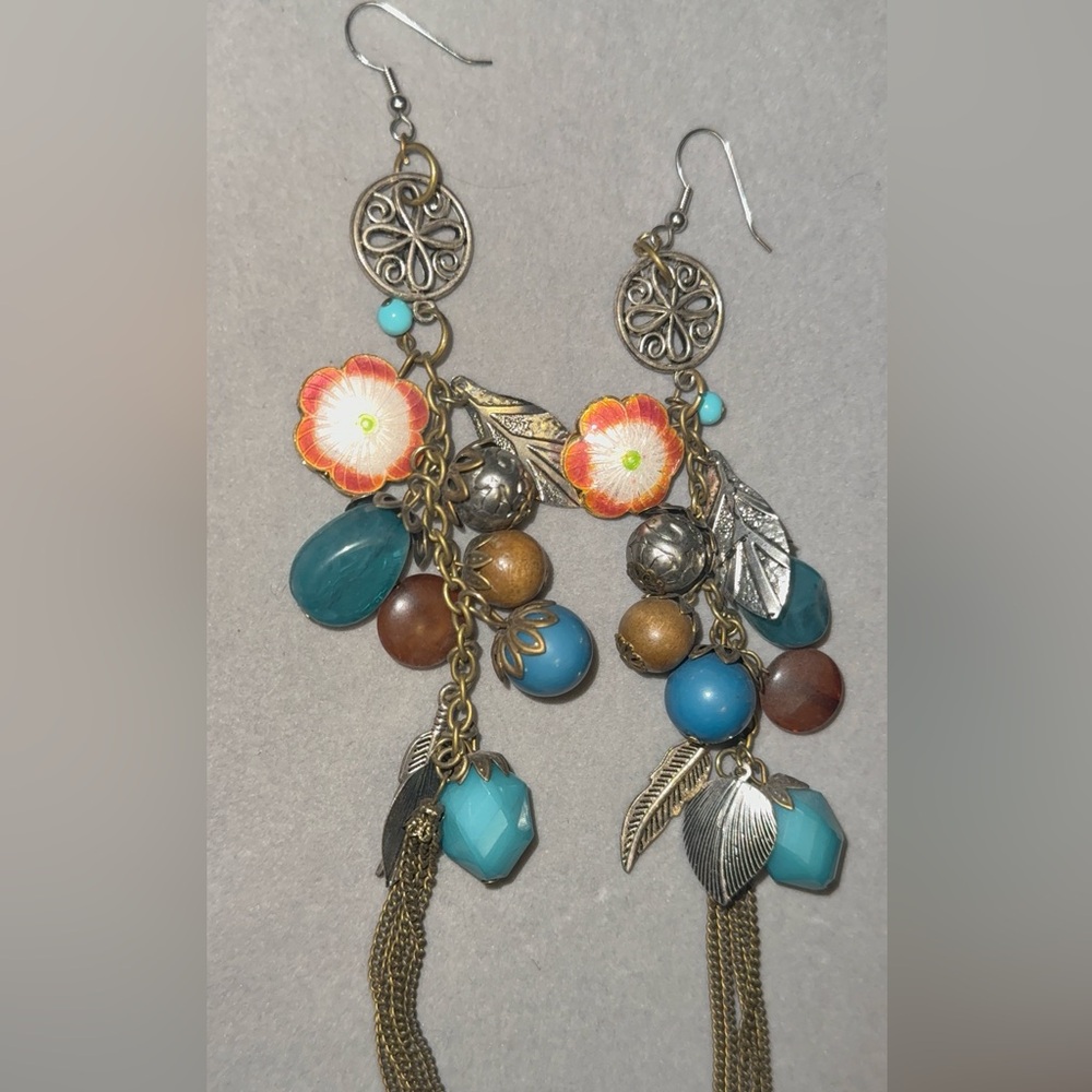 Bohemian Floral Dangle Earrings with Turquoise and Silver Accents